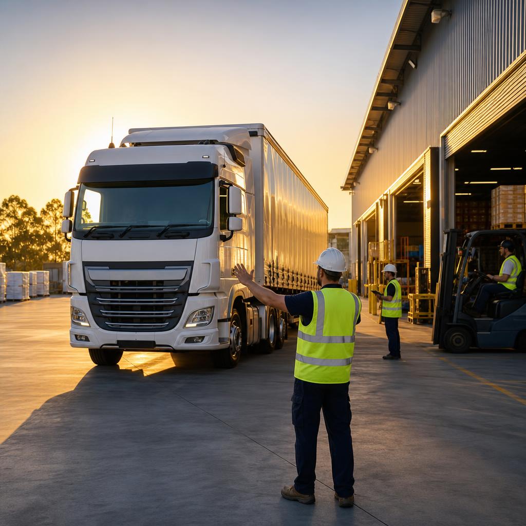 Workers at a transport and logistics depot loading bay